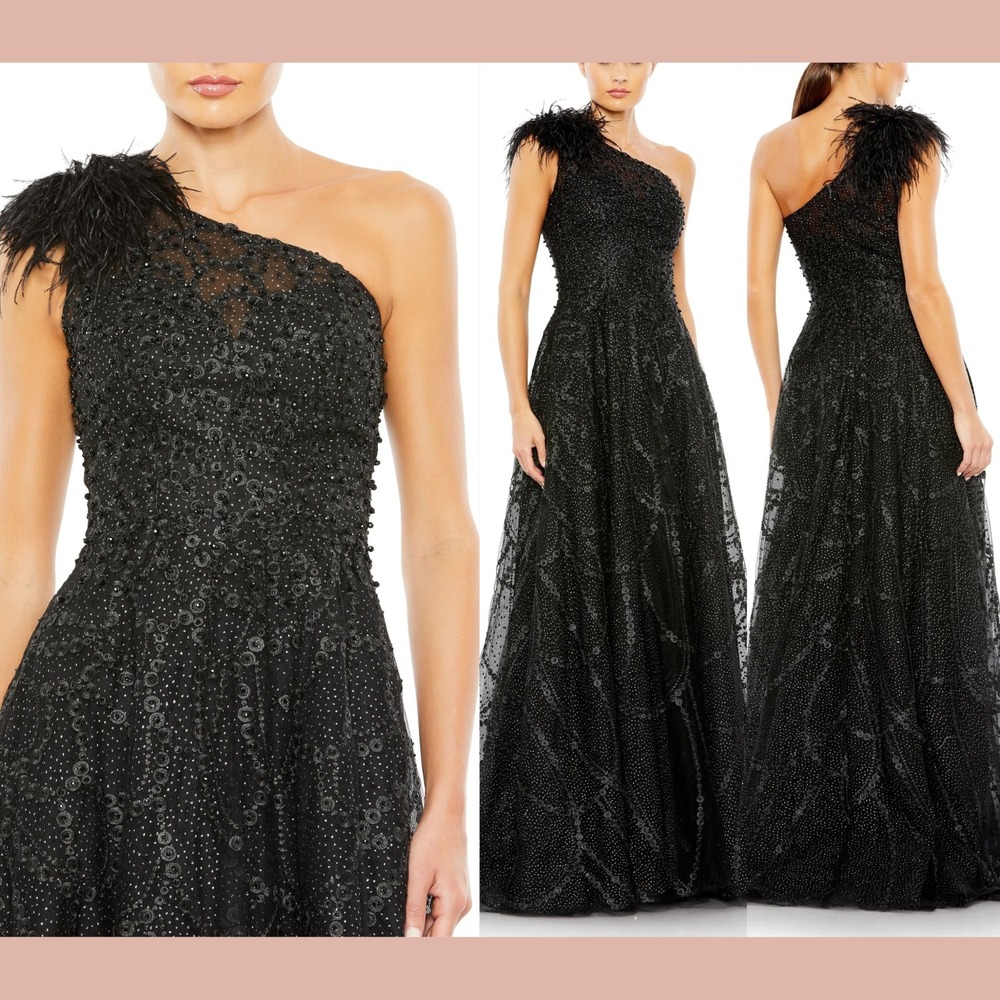 NWT‎ MAC DUGGAL [ 10 ] 20389 Feather Embellished One Shoulder A Line Gown Black